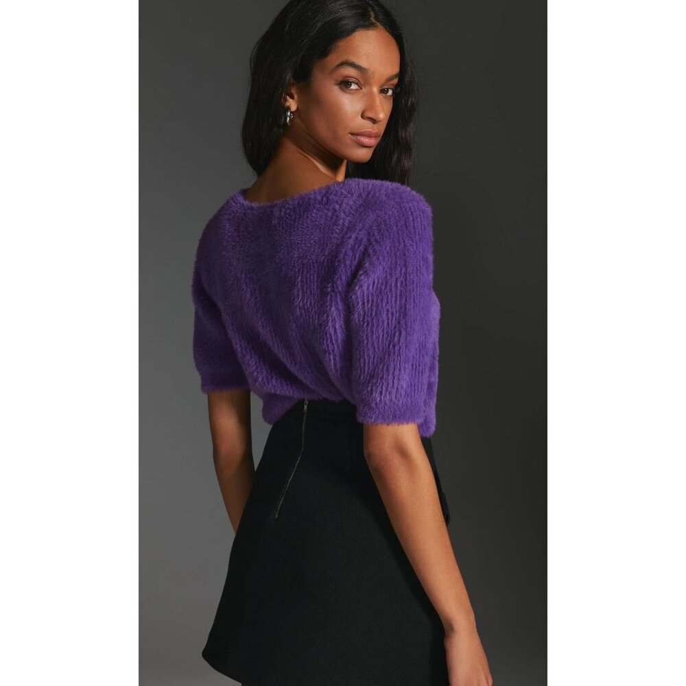 Anthropologie Oval Square Young Knit Pansy Purple Crop Sweater - Picture 2 of 7